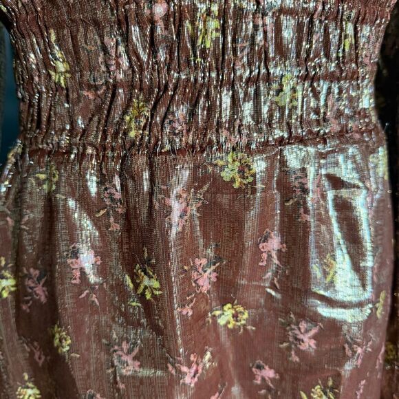 Paige Bronze Metallic Silk Peasant Style Floral Mini Dress M - Picture 2 of 10